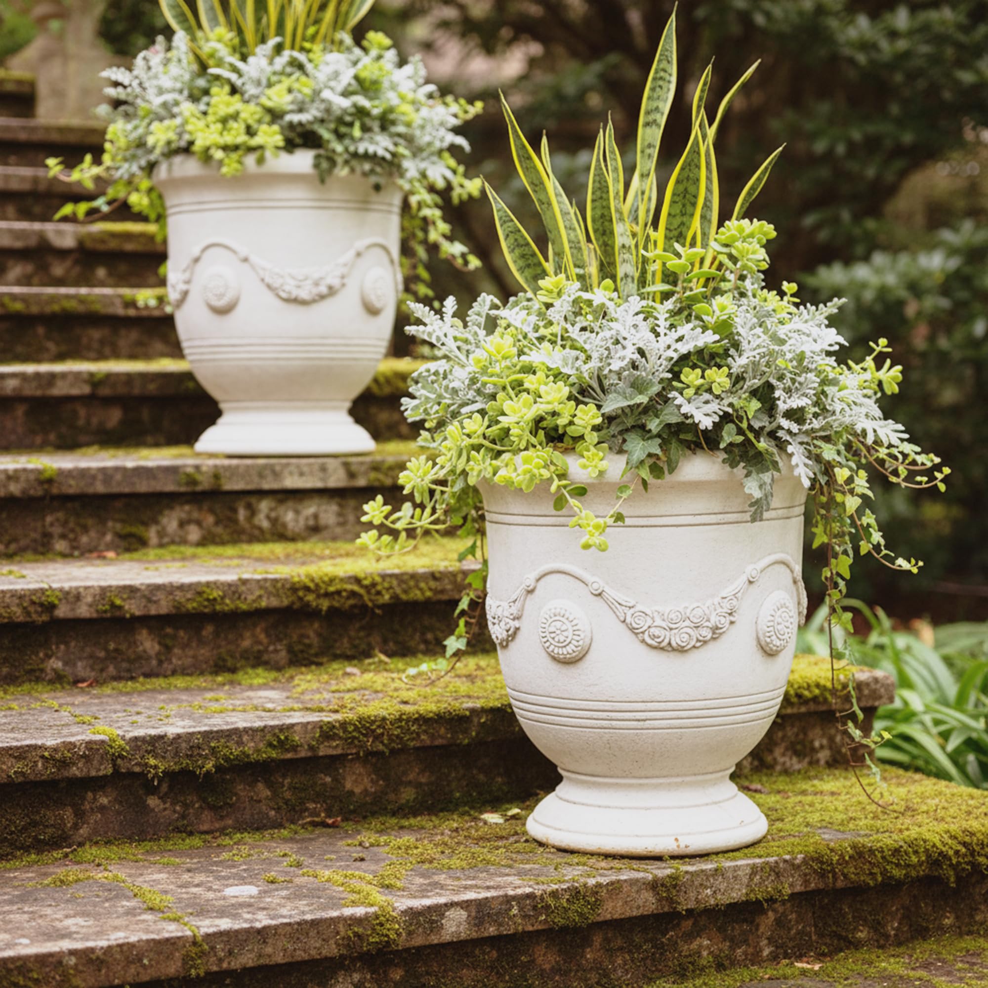 Greens Word planter pattern detail adds vintage charm indoors