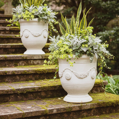 Greens Word planter pattern detail adds vintage charm indoors