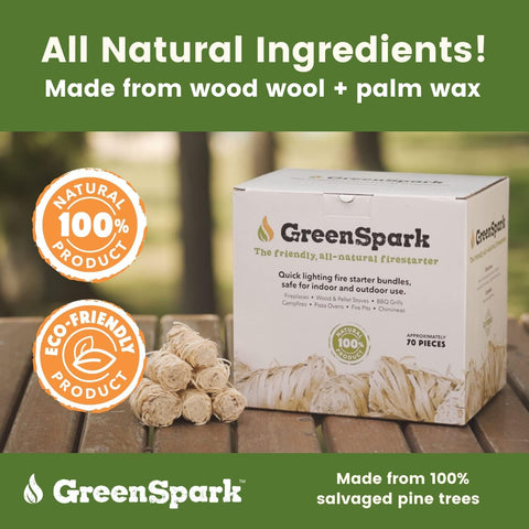 GreenSpark fire starters natural ingredients highlight wood wool composition for cleaner burning.
