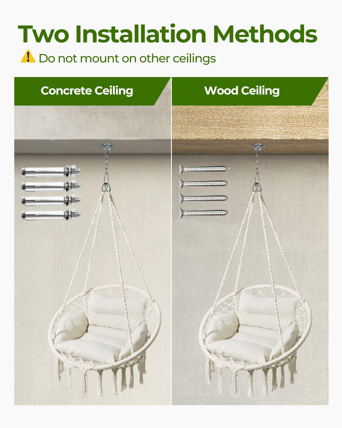 Greenstell Hammock Chair ceiling mount options enable easy installation.