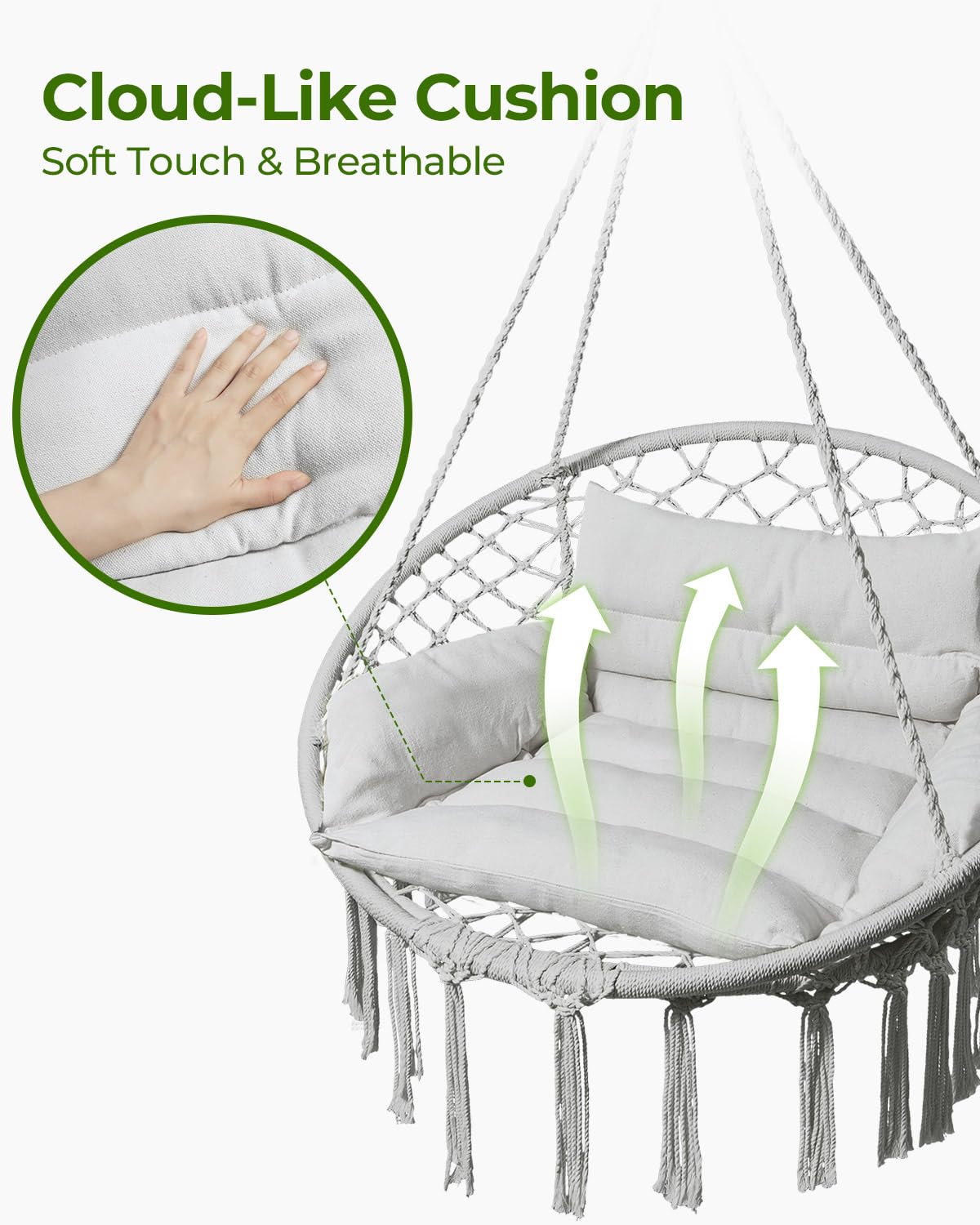 GREENSTELL hammock chair cushion detail emphasizes breathable silk-like cotton filling.