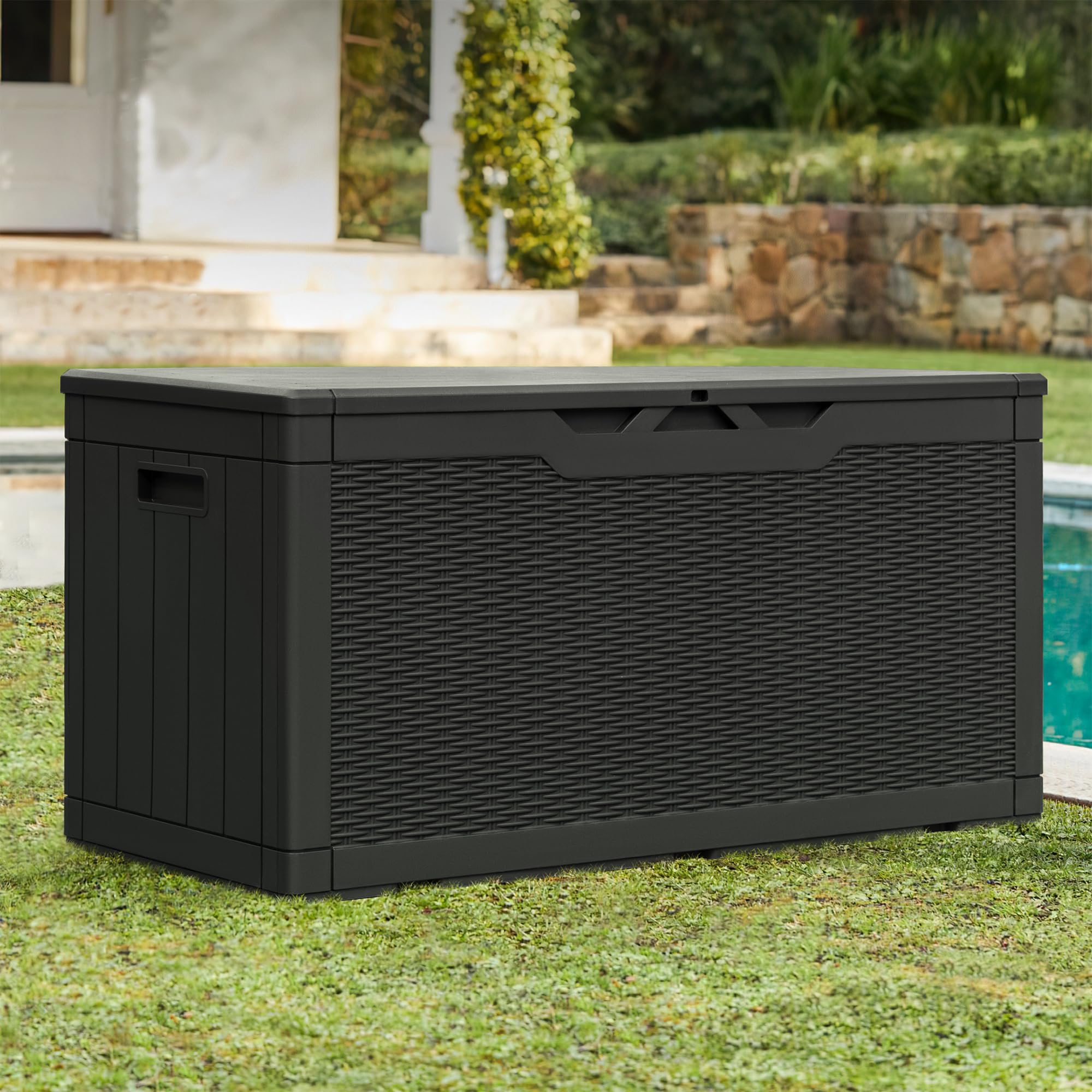 Greesum lockable outdoor storage keeps cushions and pool supplies secure