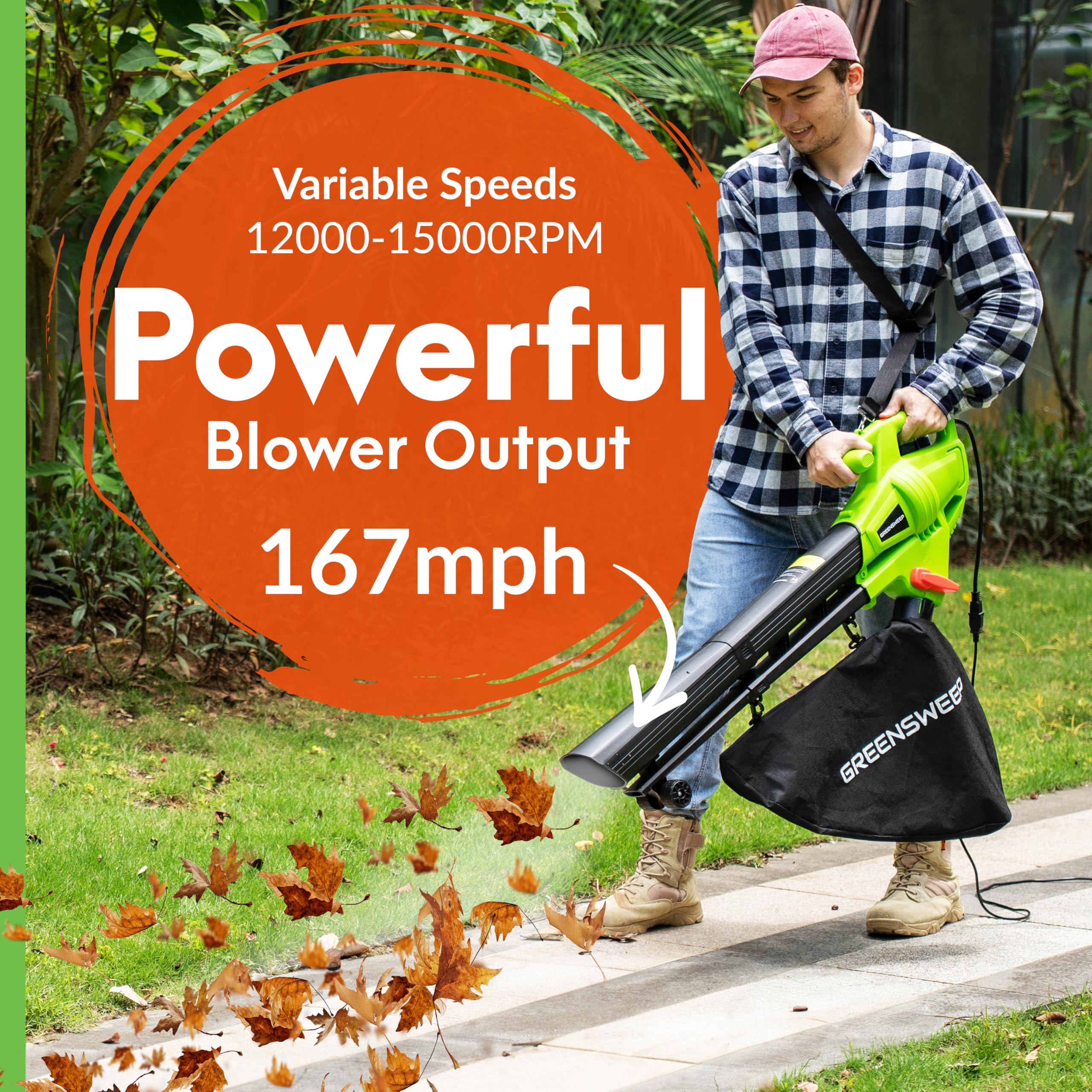 GreenSweep mulching leaves at up to 10:1 ratio for compact disposal.