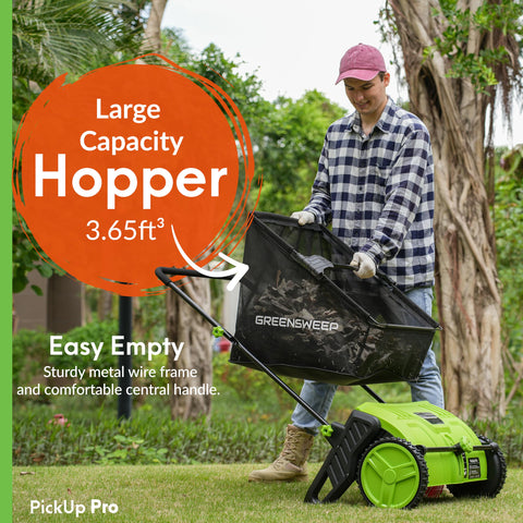 GreenSweep Pickup Pro 2 hopper and frame ready for emptying