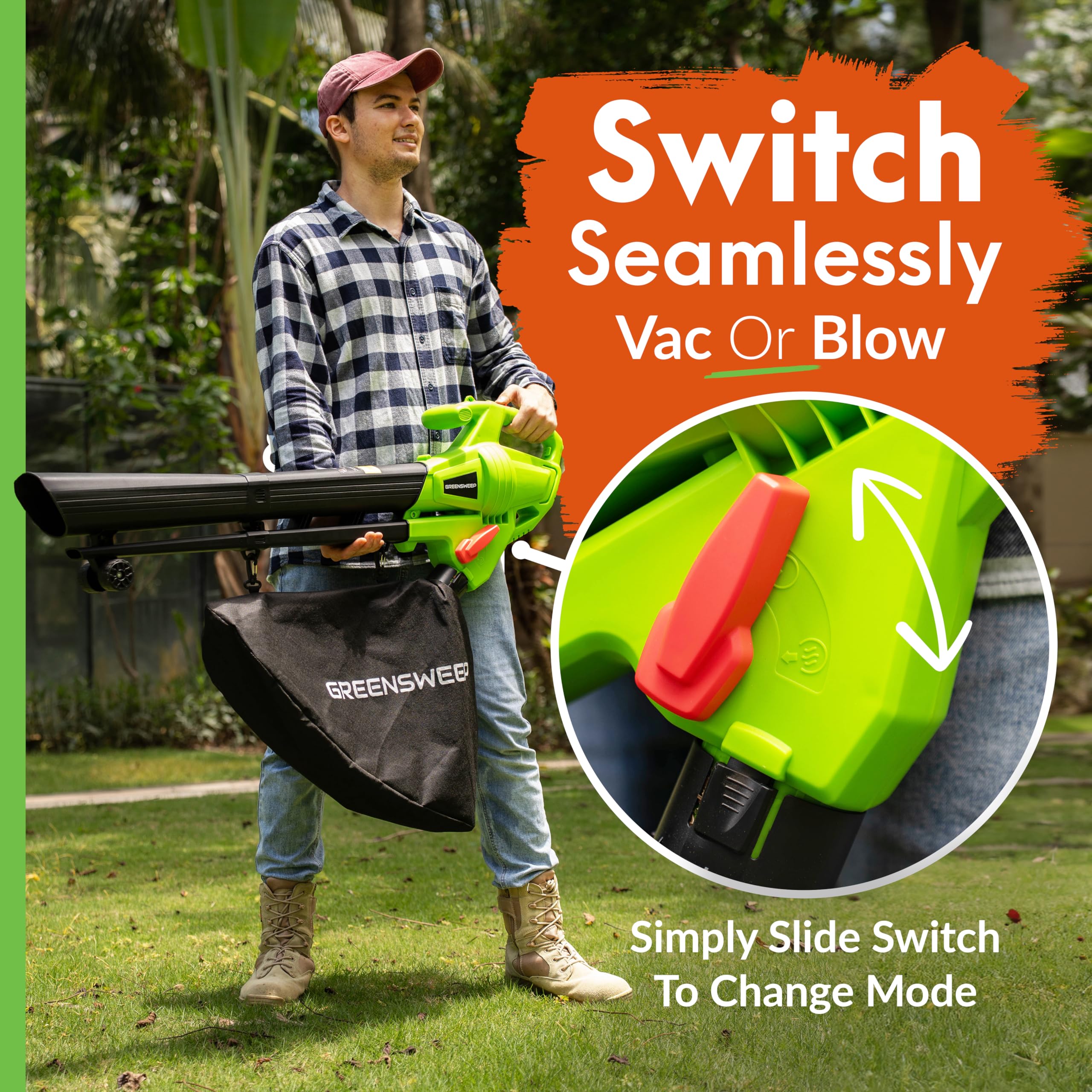 GreenSweep vacuum and mulcher in use, clearing debris efficiently.
