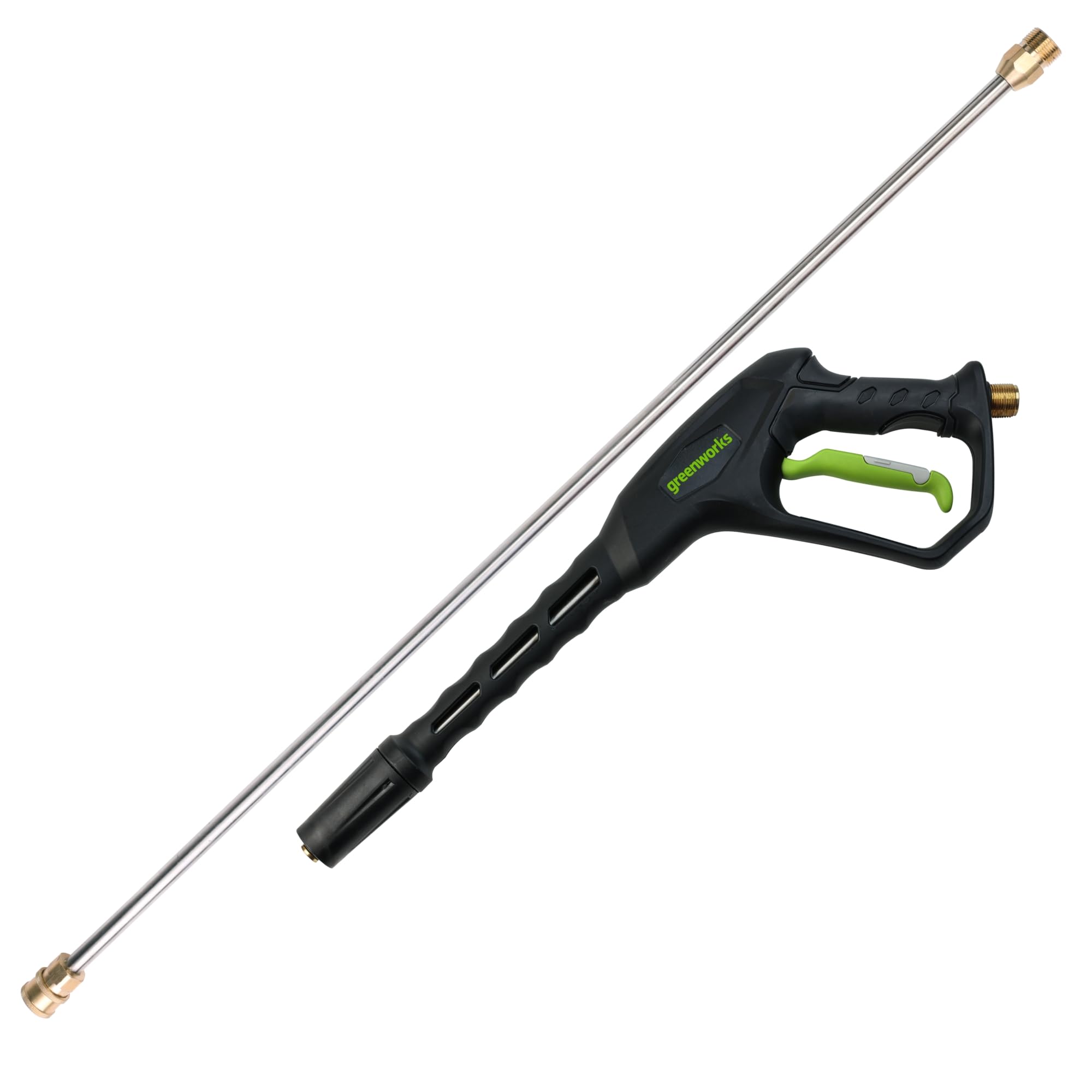Greenworks metal spray gun with ergonomic handle for fatigue-free extended cleaning.