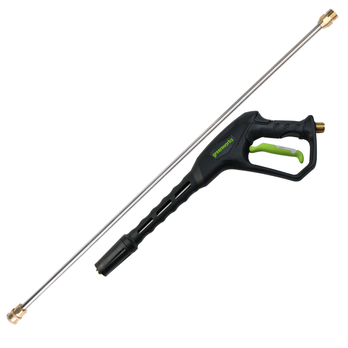 Greenworks metal spray gun with ergonomic handle for fatigue-free extended cleaning.