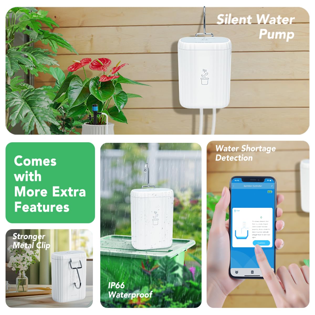GreenVation USB-rechargeable battery powering long-lasting garden watering.