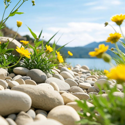 GreenVibe River Rocks black 1-2 inch stones for pathways and borders.