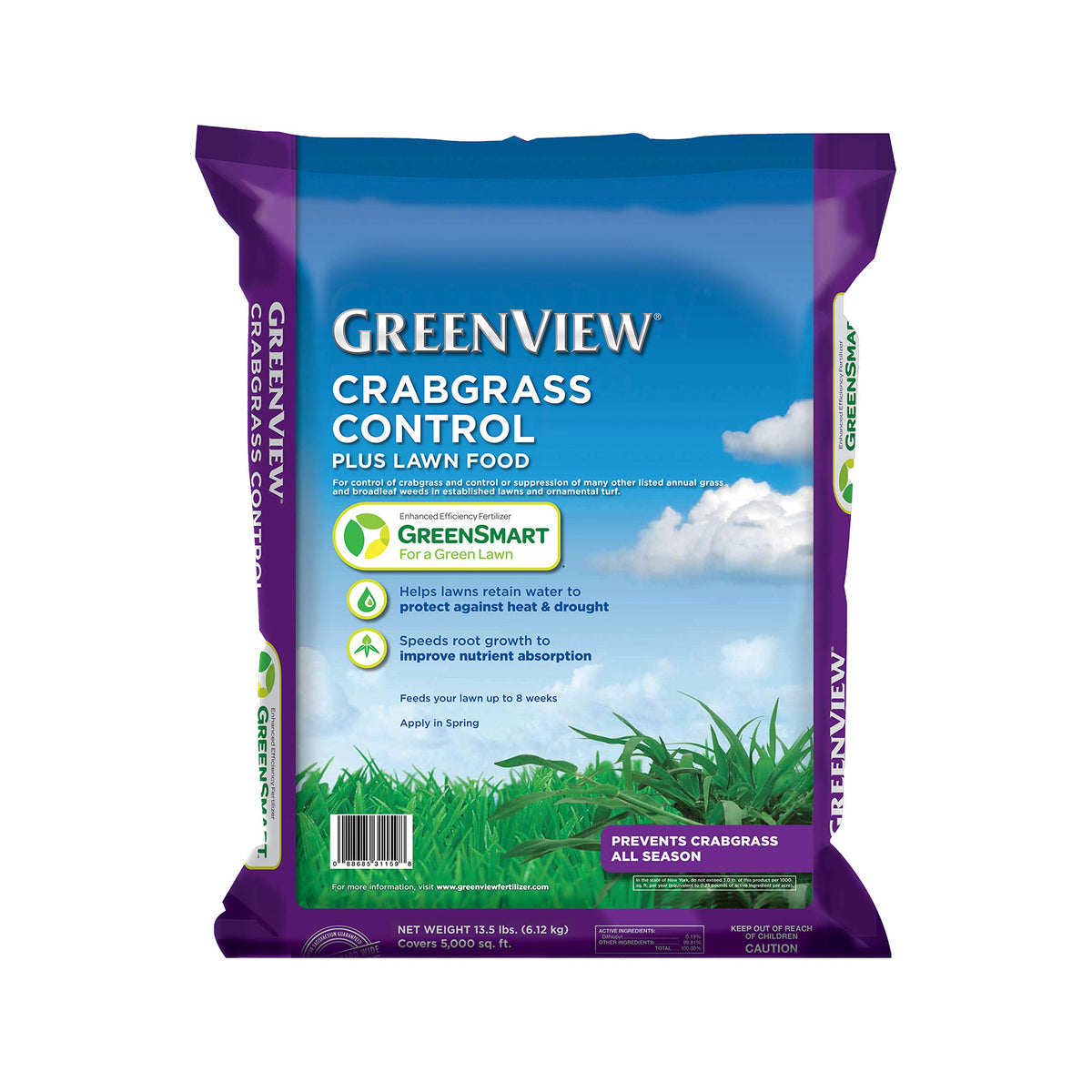 GreenView Crabgrass Control Plus Lawn Food bag label shows season-long protection for lawns