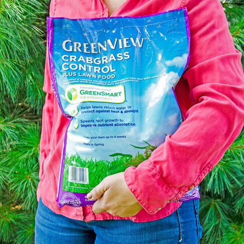 Shelf-ready GreenView Crabgrass Control Plus Lawn Food packaging ready to order