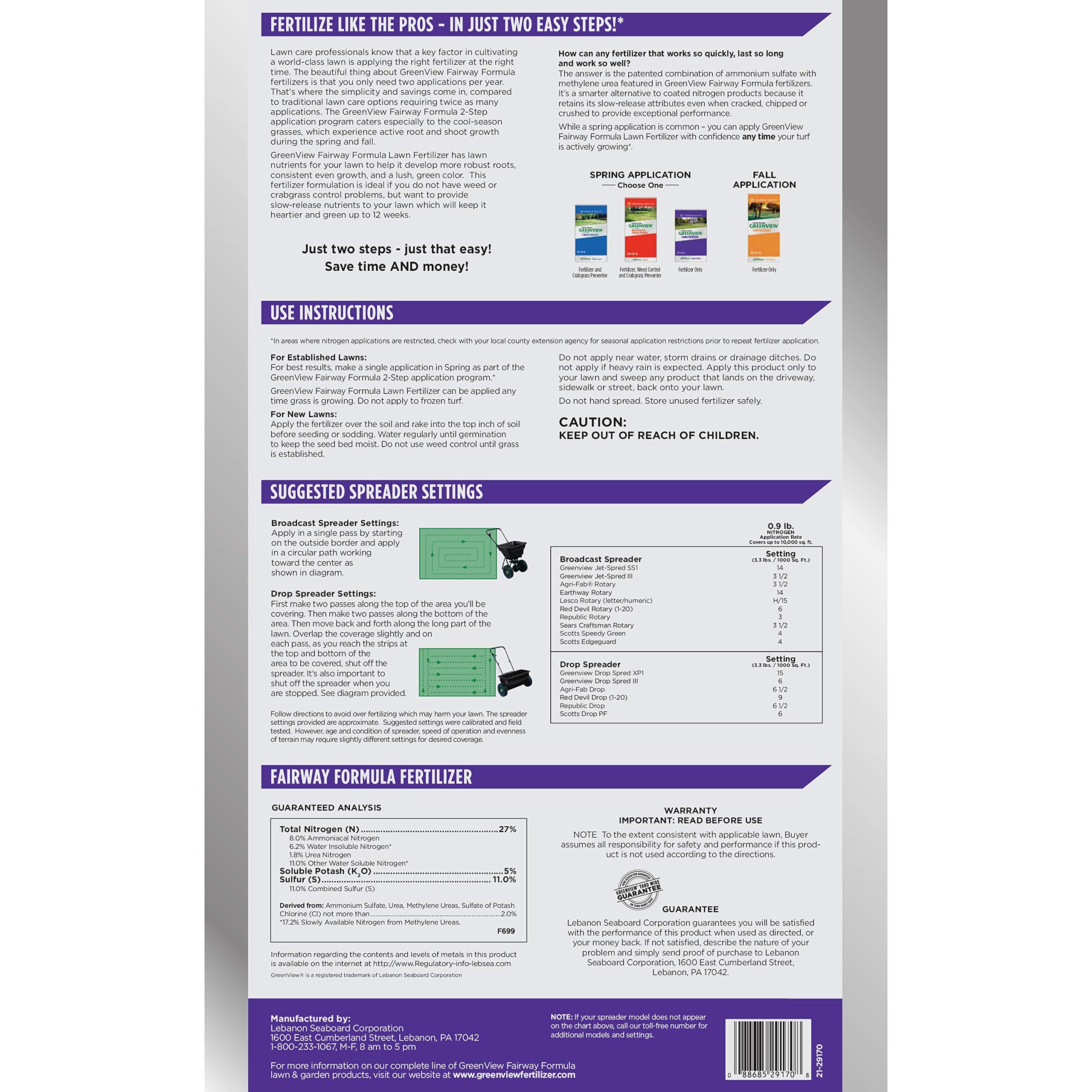 GreenView Fairway Formula label close-up showing phosphate-free, slow-release nitrogen.