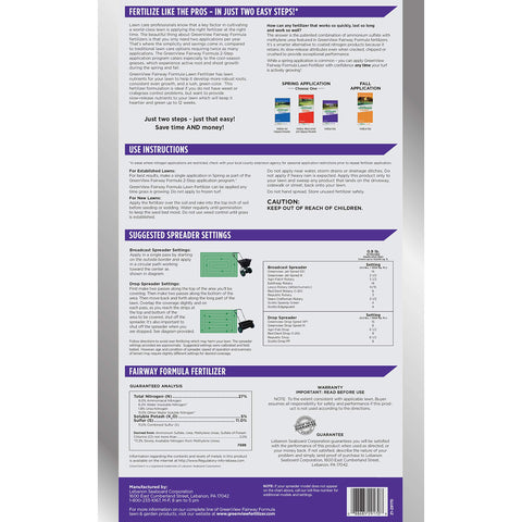 GreenView Fairway Formula label close-up showing phosphate-free, slow-release nitrogen.