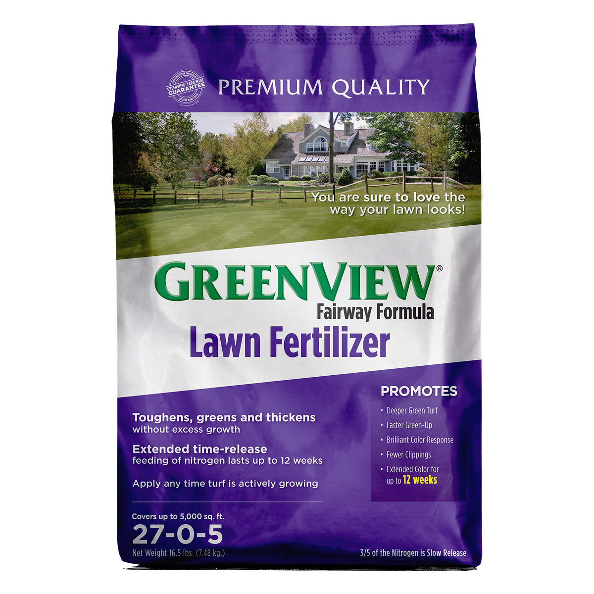 GreenView Fairway Formula lawn fertilizer bag front view boosts even greening.