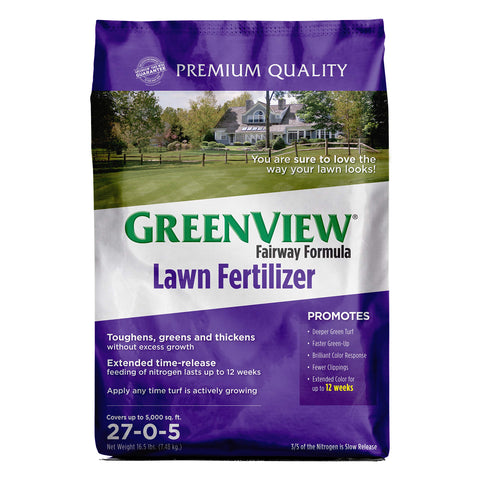 GreenView Fairway Formula lawn fertilizer bag front view boosts even greening.