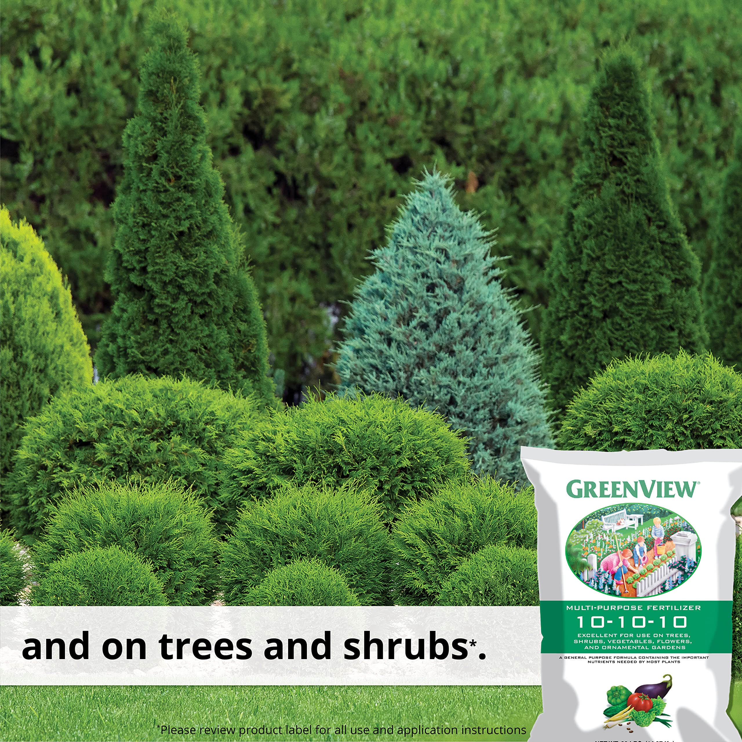 GreenView 33 lb bag sits beside garden tools ready to nourish.
