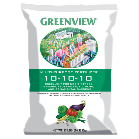 GreenView multi-purpose fertilizer bag ready for all-season garden feeding.