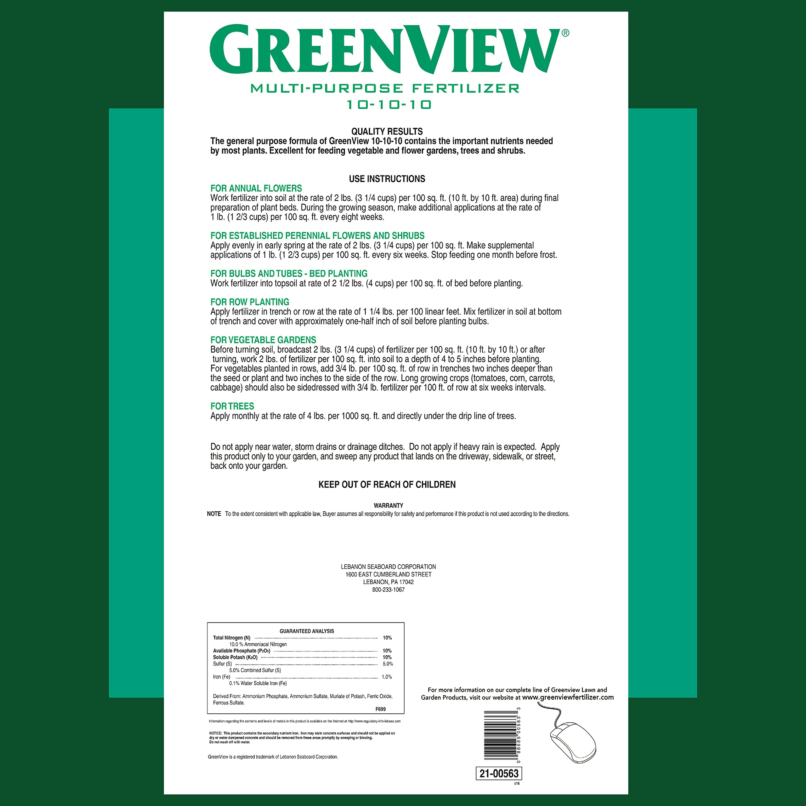 GreenView 10-10-10 NPK balance label highlights all-purpose plant nutrition.