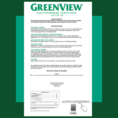 GreenView 10-10-10 NPK balance label highlights all-purpose plant nutrition.