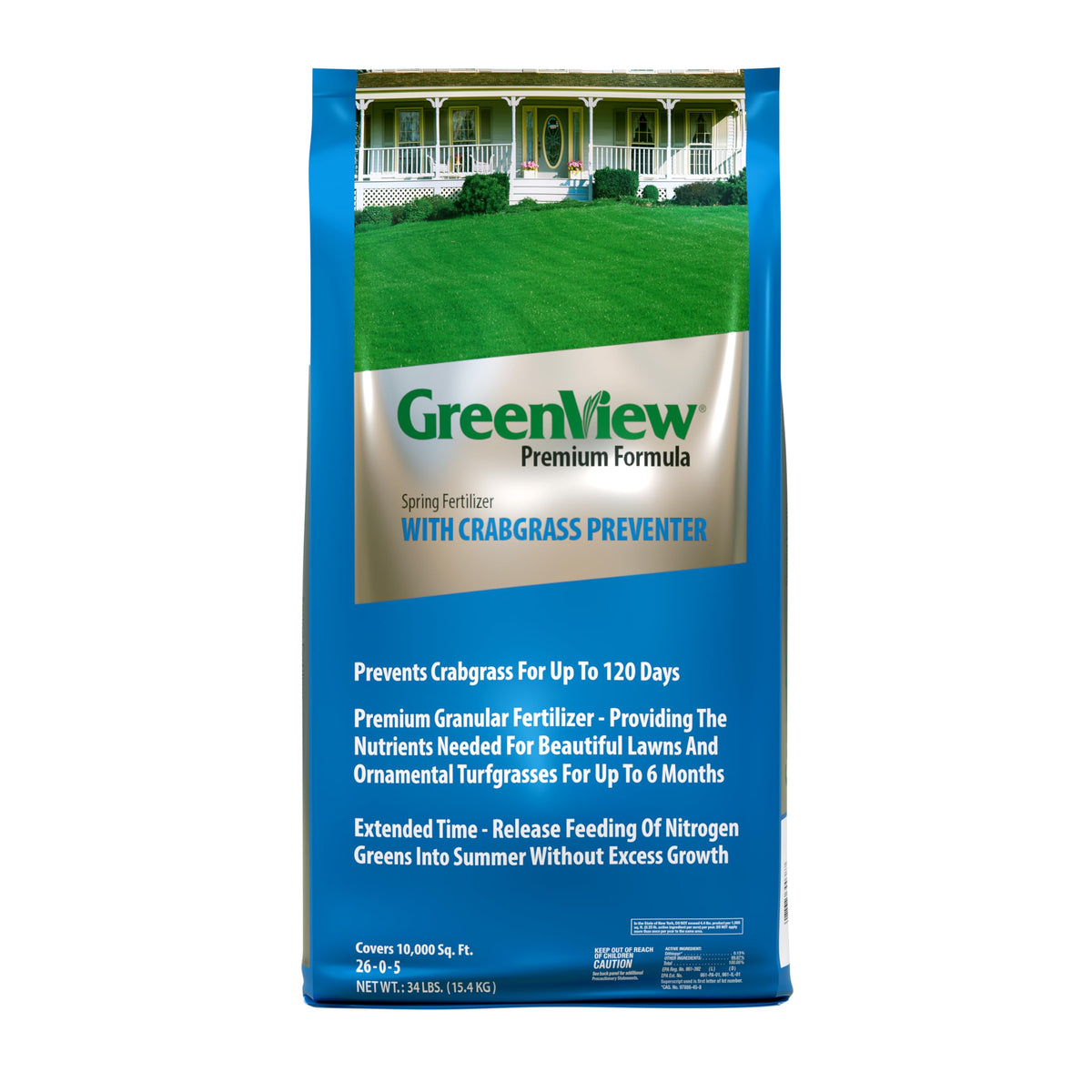 GreenView Premium Formula Spring Fertilizer bag with crabgrass preventer for lush lawns.