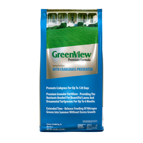 GreenView Premium Formula Spring Fertilizer bag with crabgrass preventer for lush lawns.