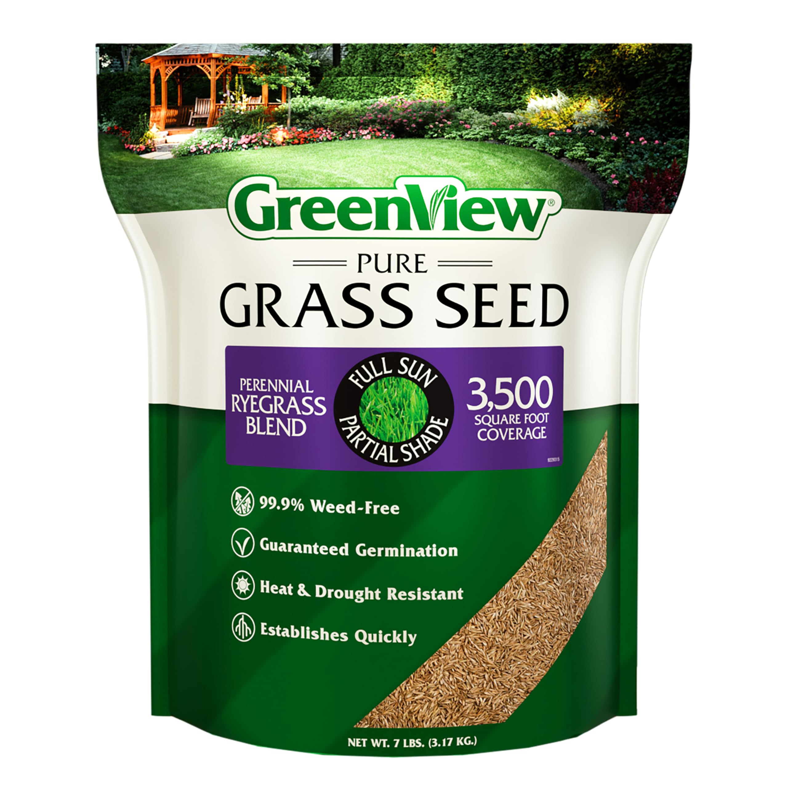 GreenView Pure Grass Seed bag with branding for quick lawn seeding