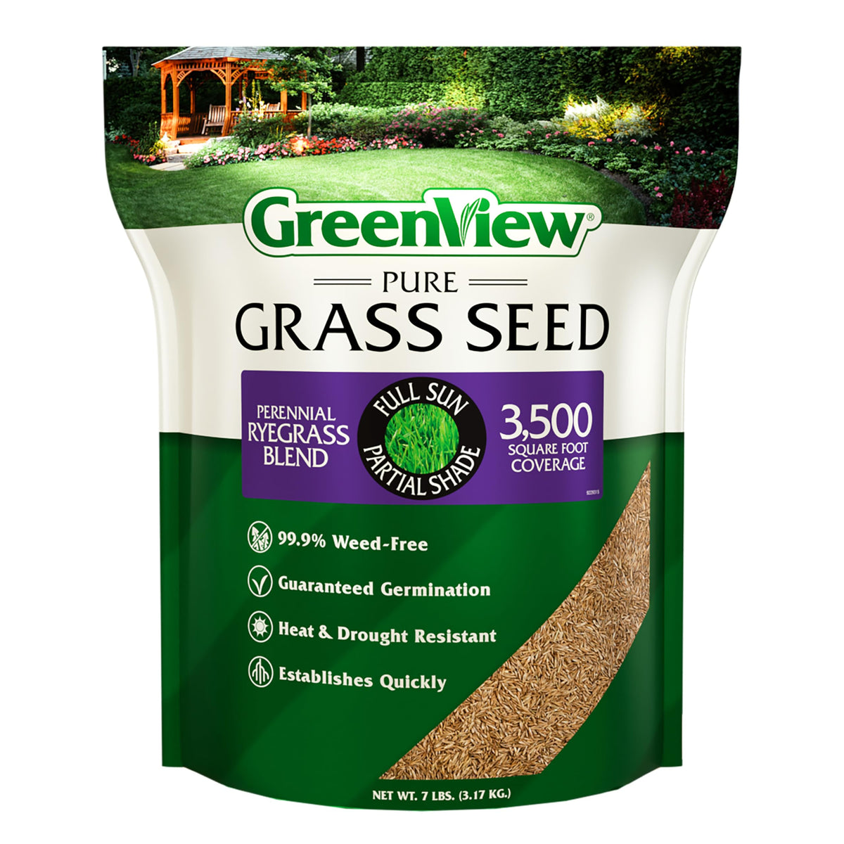 GreenView Pure Grass Seed bag with branding for quick lawn seeding