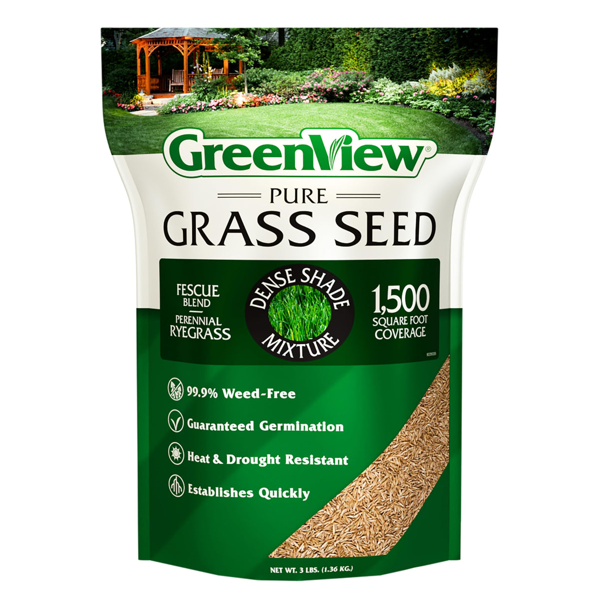 GreenView Pure Grass Seed Dense Shade Bag shows lush coverage in low light.