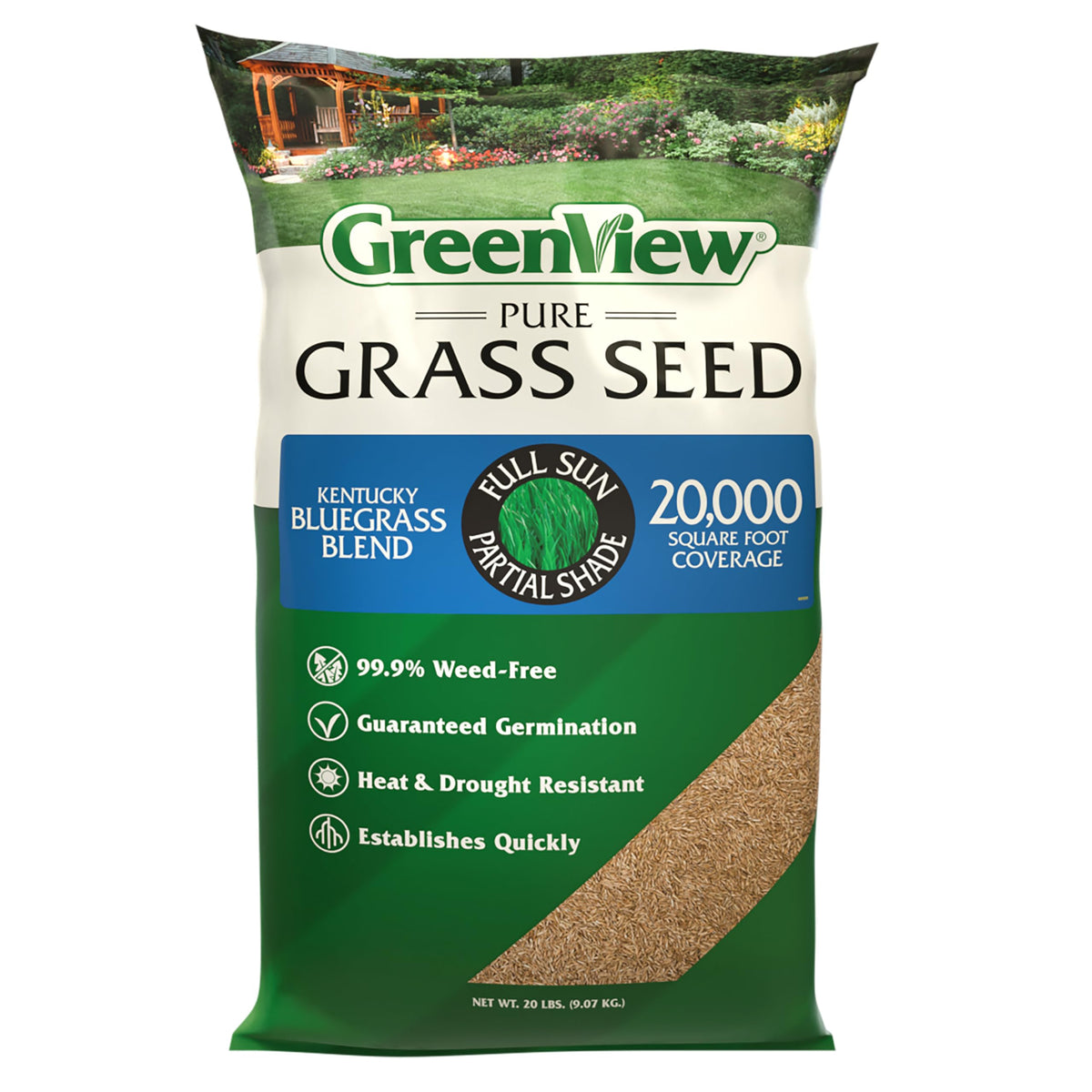 GreenView Pure Grass Seed KB Blend bag front shows premium seed for even coverage.