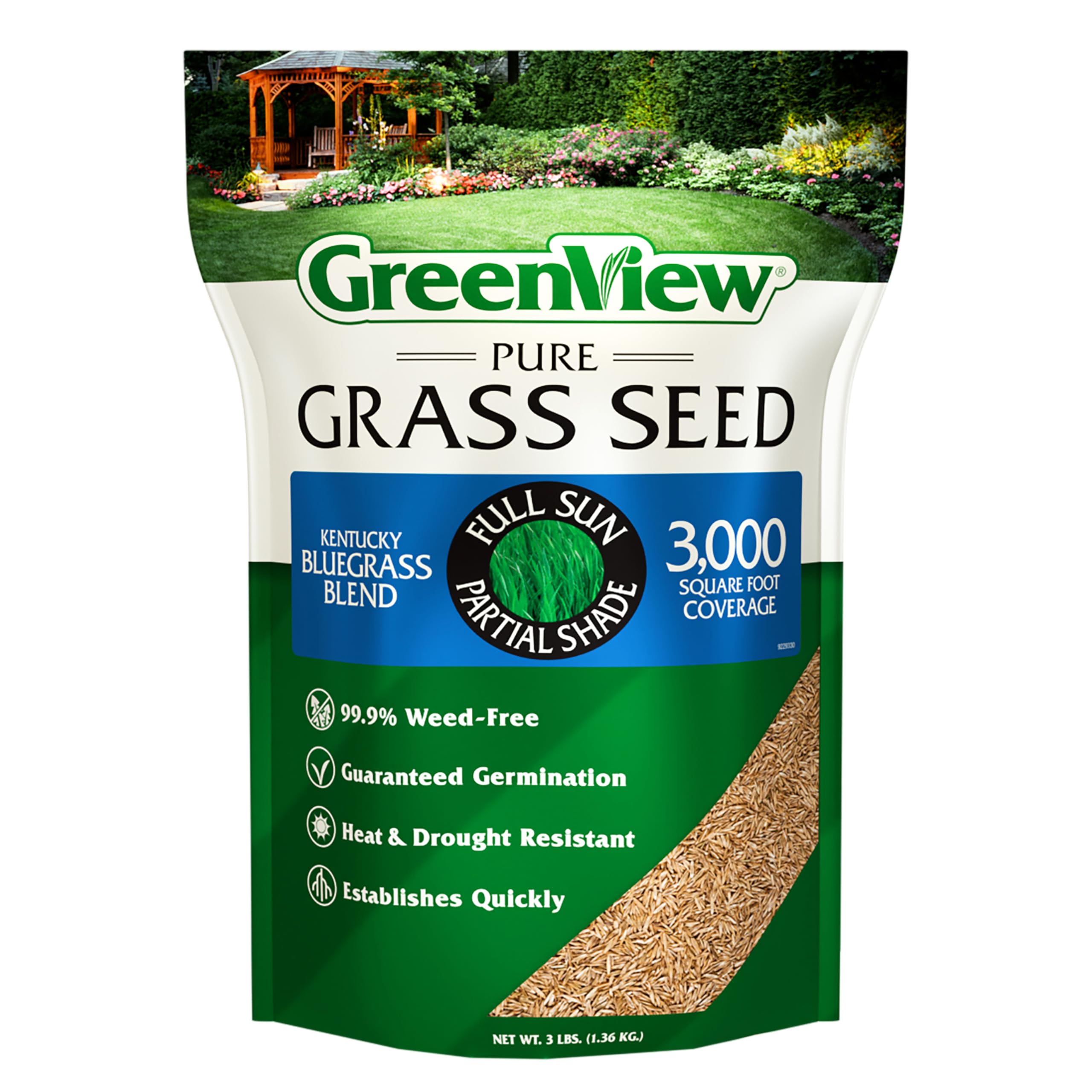 GreenView Pure Grass Seed Kentucky Bluegrass Blend bag front showing premium lawn seed product