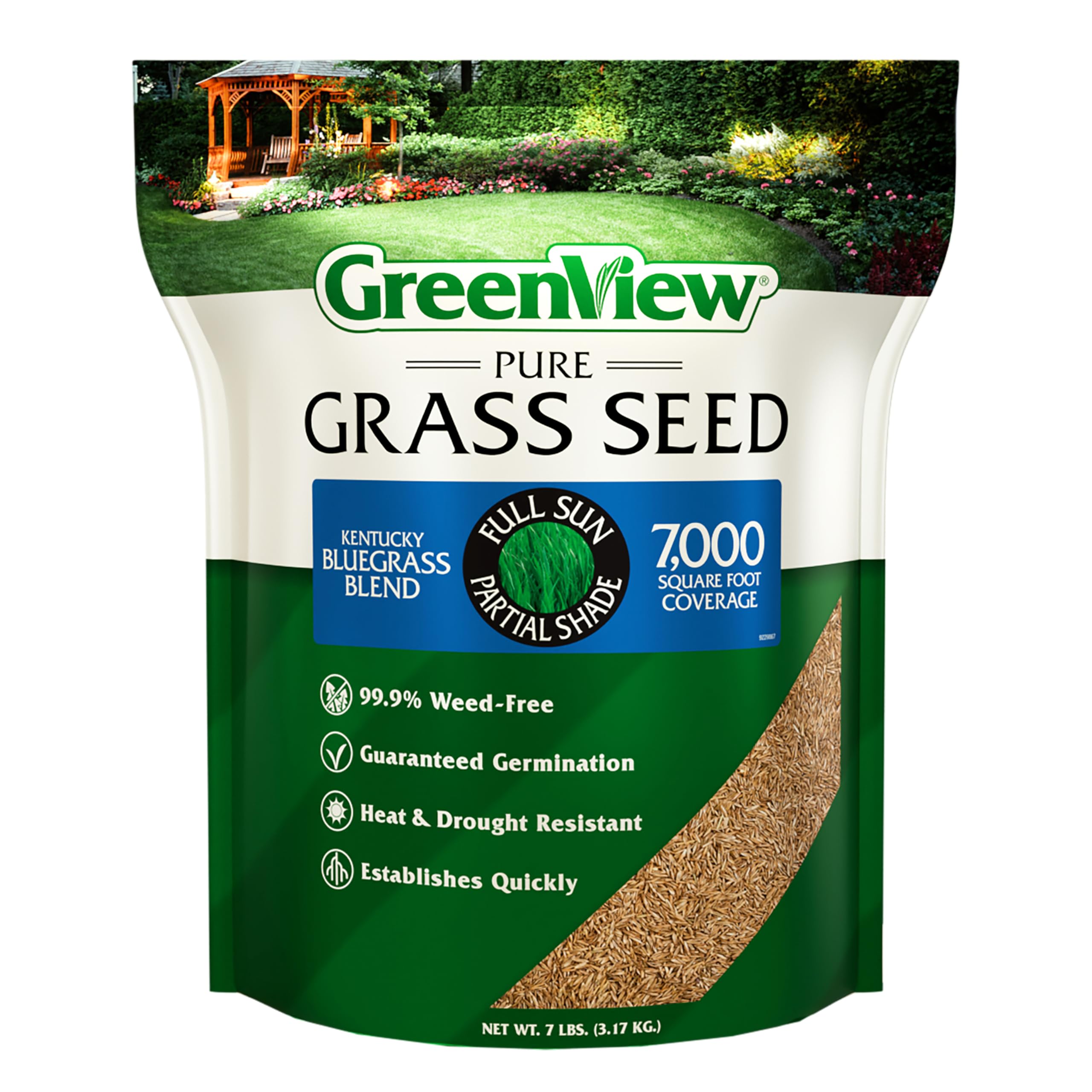 GreenView Pure Grass Seed Kentucky Bluegrass Blend promotes weed-free germination for a neat lawn.
