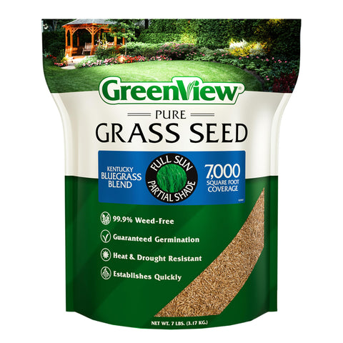 GreenView Pure Grass Seed Kentucky Bluegrass Blend promotes weed-free germination for a neat lawn.