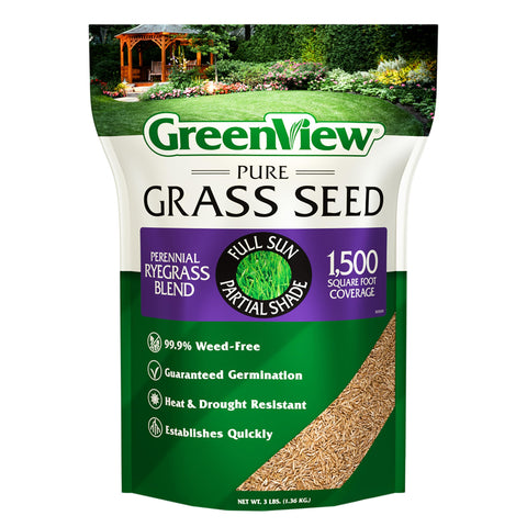 GreenView Pure Grass Seed bag front shows weed-free ryegrass blend for quick establishment.