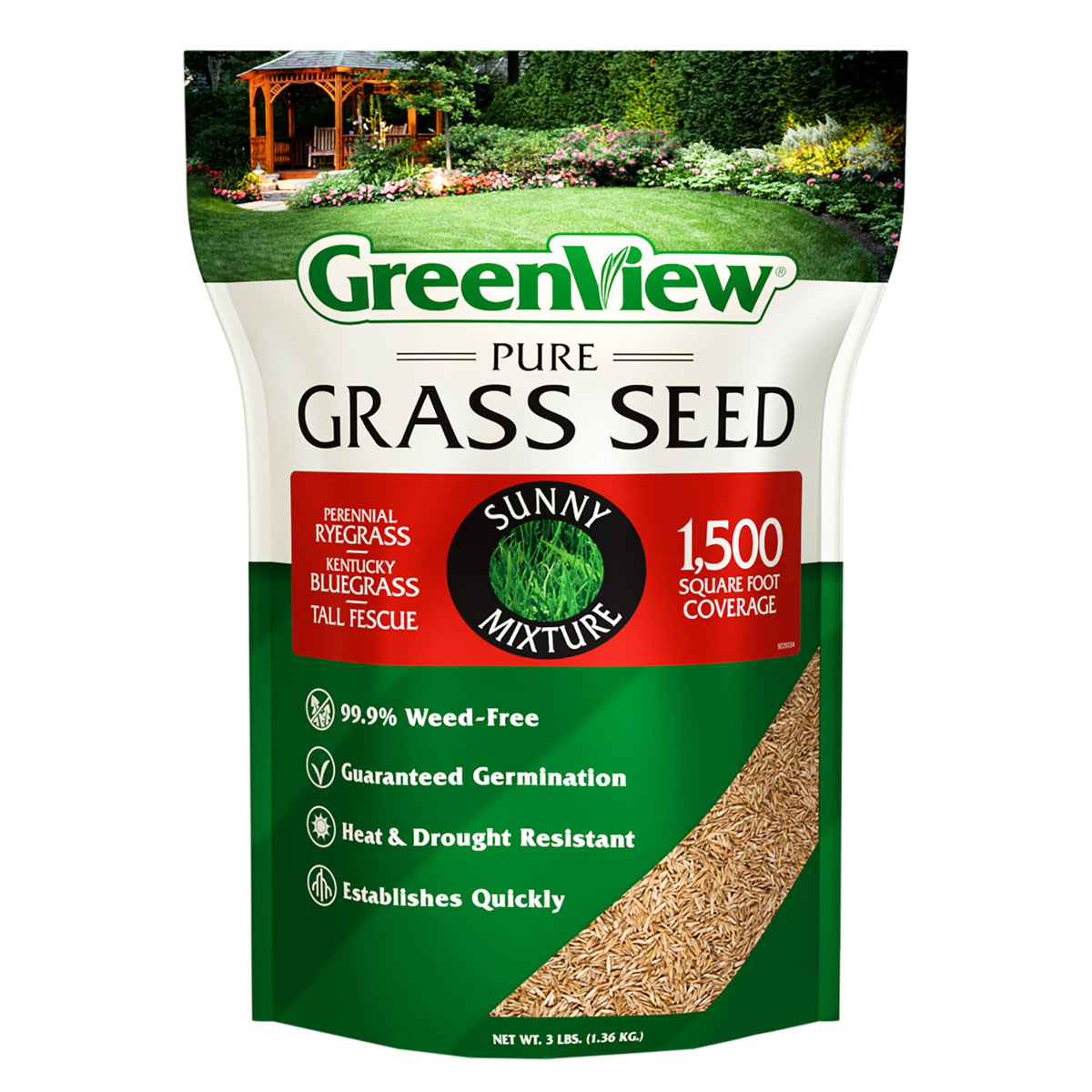 GreenView Pure Grass Seed Sunny Mix bag front promotes a dense, sun-loving lawn.