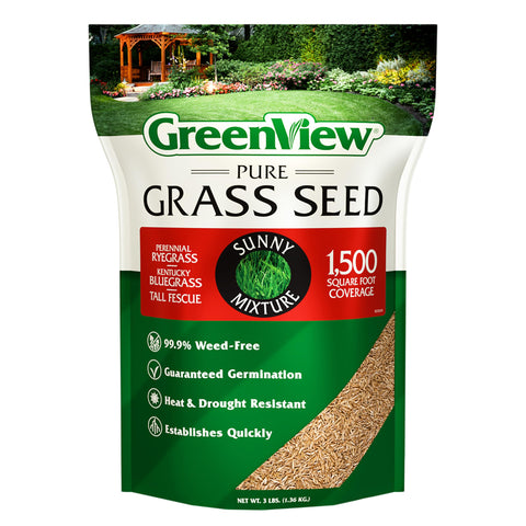 GreenView Pure Grass Seed Sunny Mix bag front promotes a dense, sun-loving lawn.
