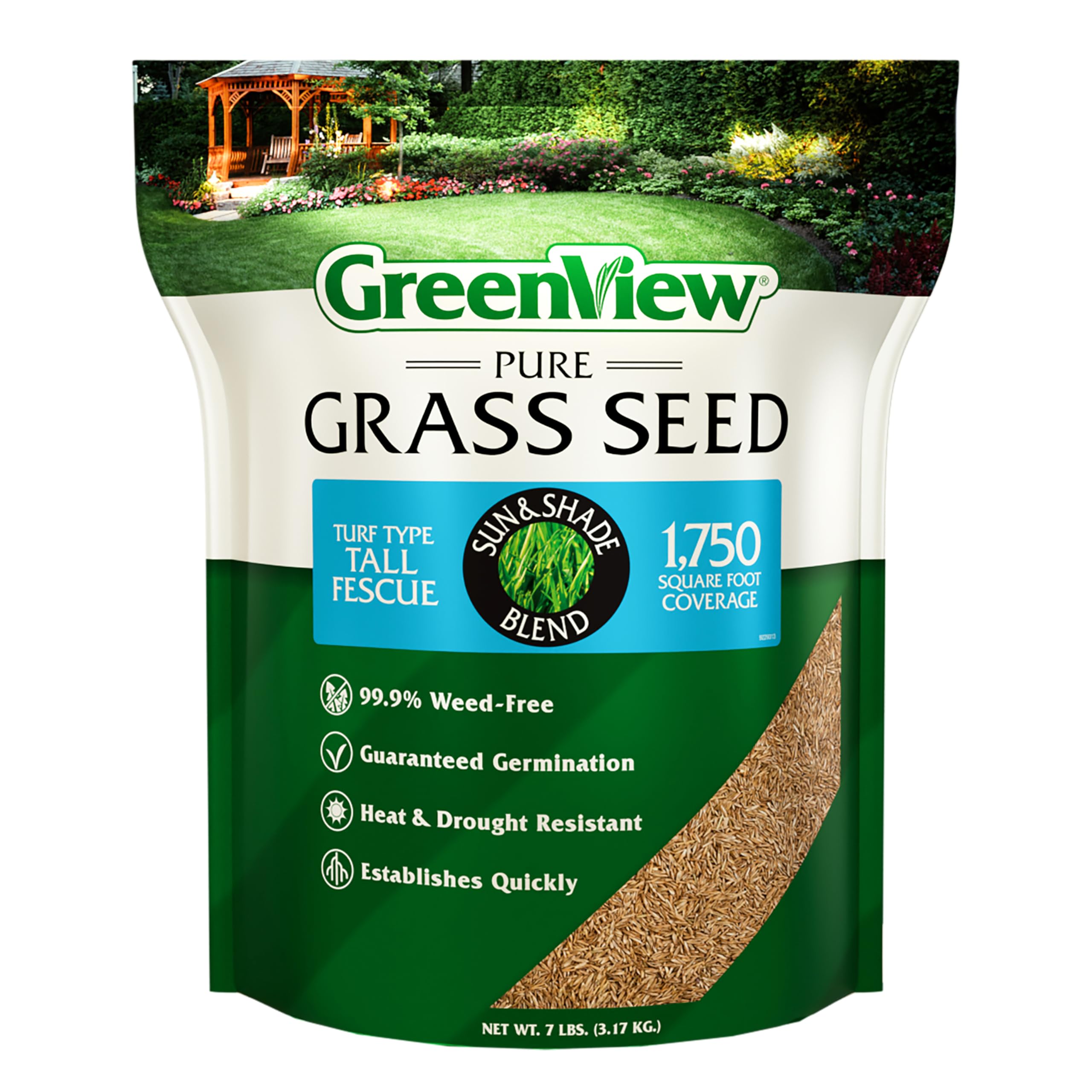 GreenView Pure Grass Seed bag front for lush tall fescue lawn in sun and shade.