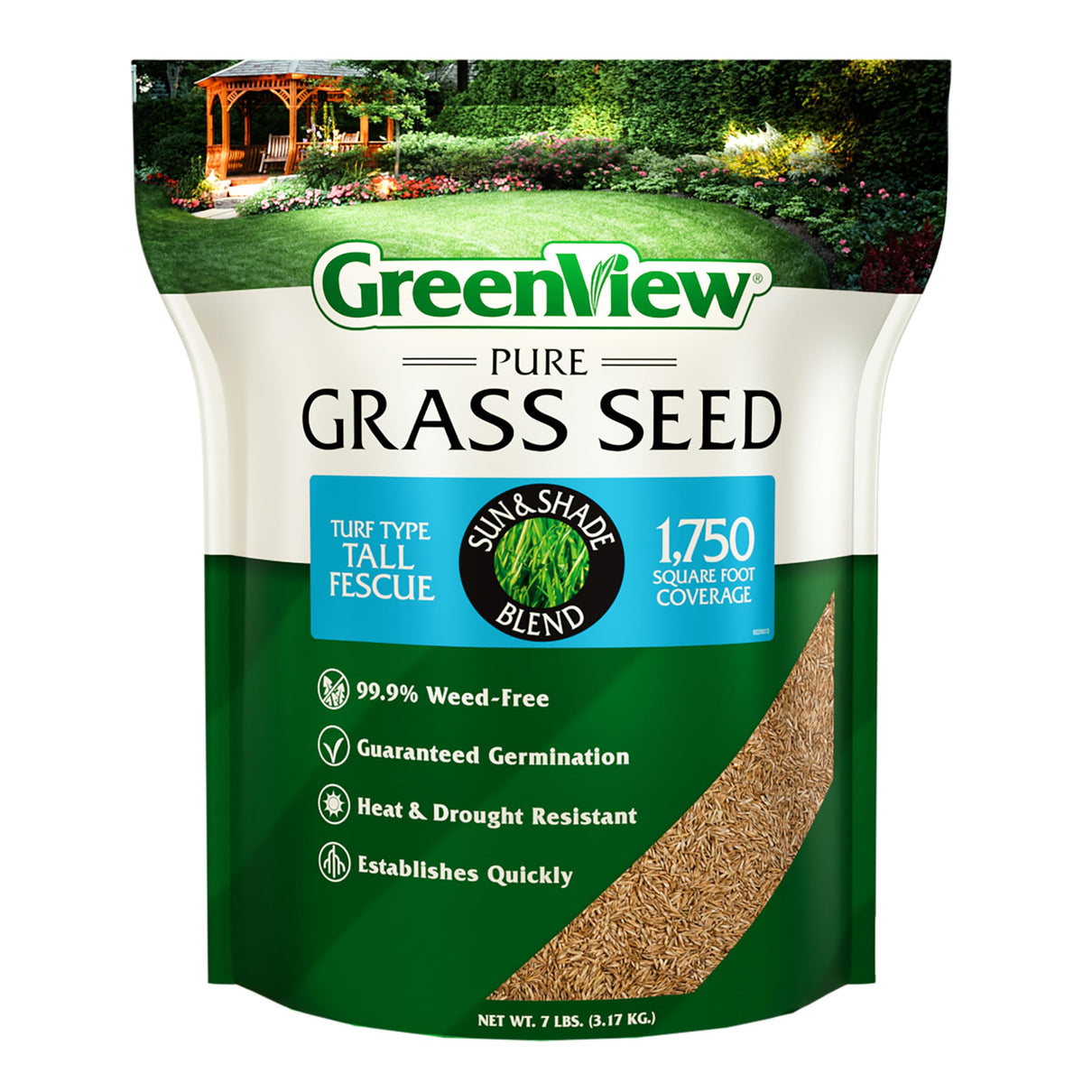 GreenView Pure Grass Seed bag front for lush tall fescue lawn in sun and shade.