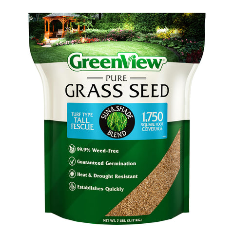 GreenView Pure Grass Seed bag front for lush tall fescue lawn in sun and shade.