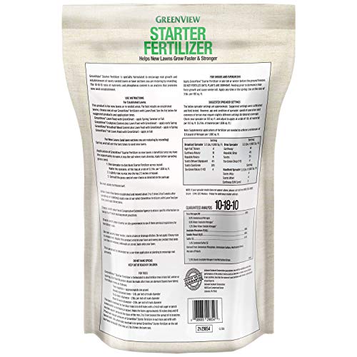 GreenView Starter Fertilizer label close-up showing 10-18-10 NPK