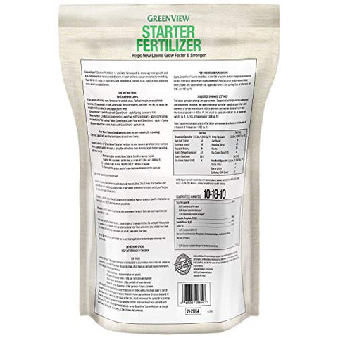 GreenView Starter Fertilizer label close-up showing 10-18-10 NPK