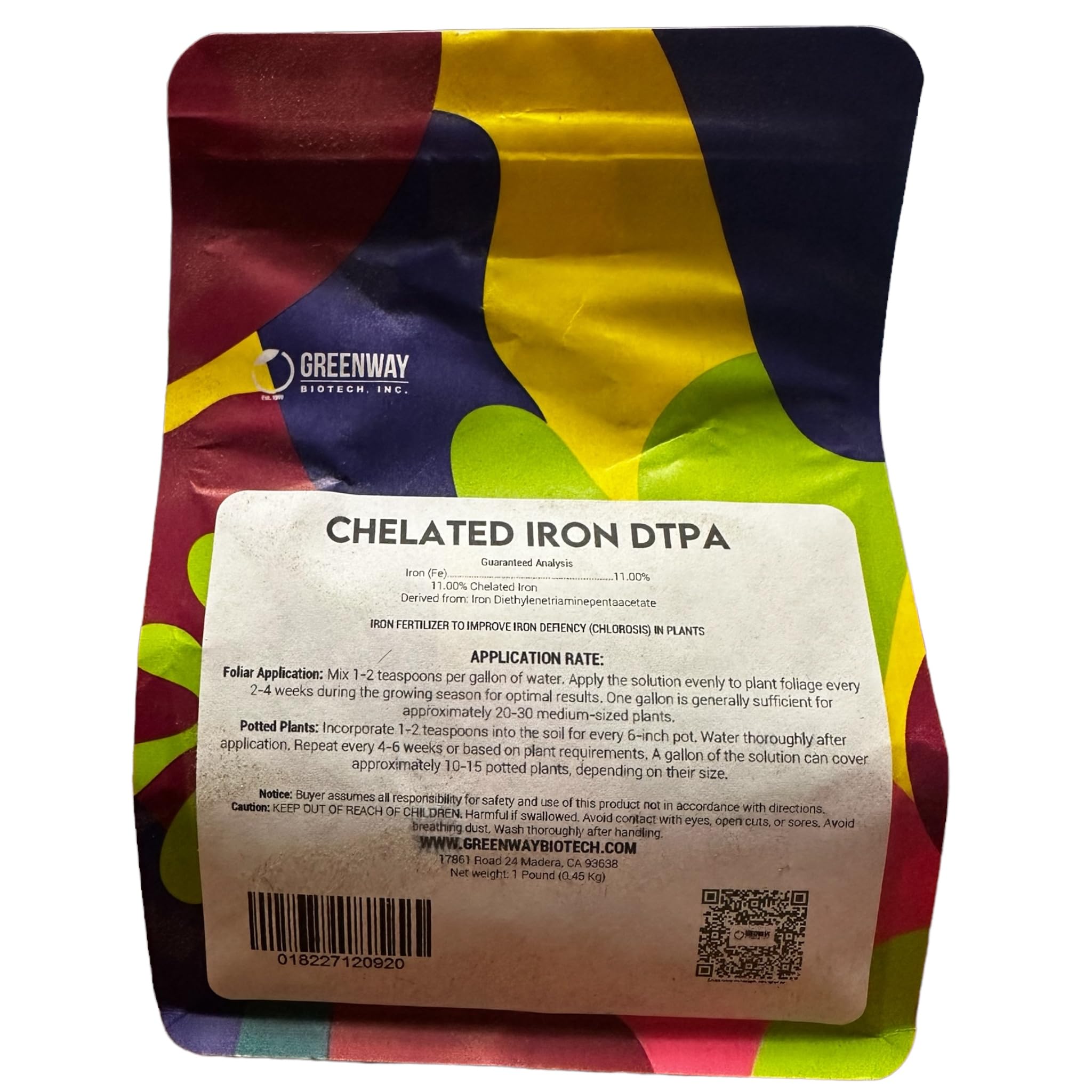 Greenway Biotech chelated iron DTPA 11% bottle for alkaline soils aiding iron uptake and chlorosis correction.