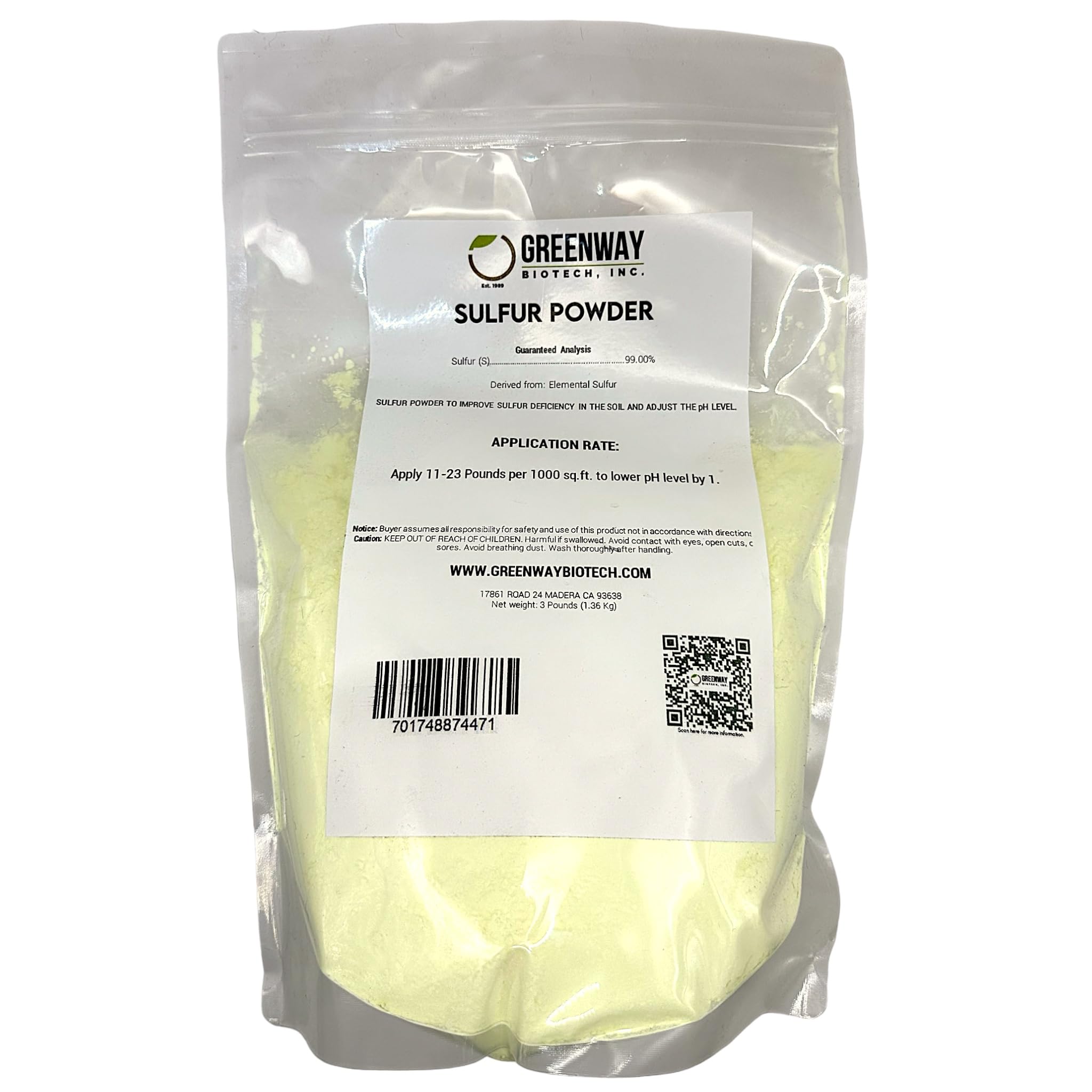 Greenway Biotech Organic Sulfur Powder Fertilizer bottle promotes healthy growth and balanced soil.