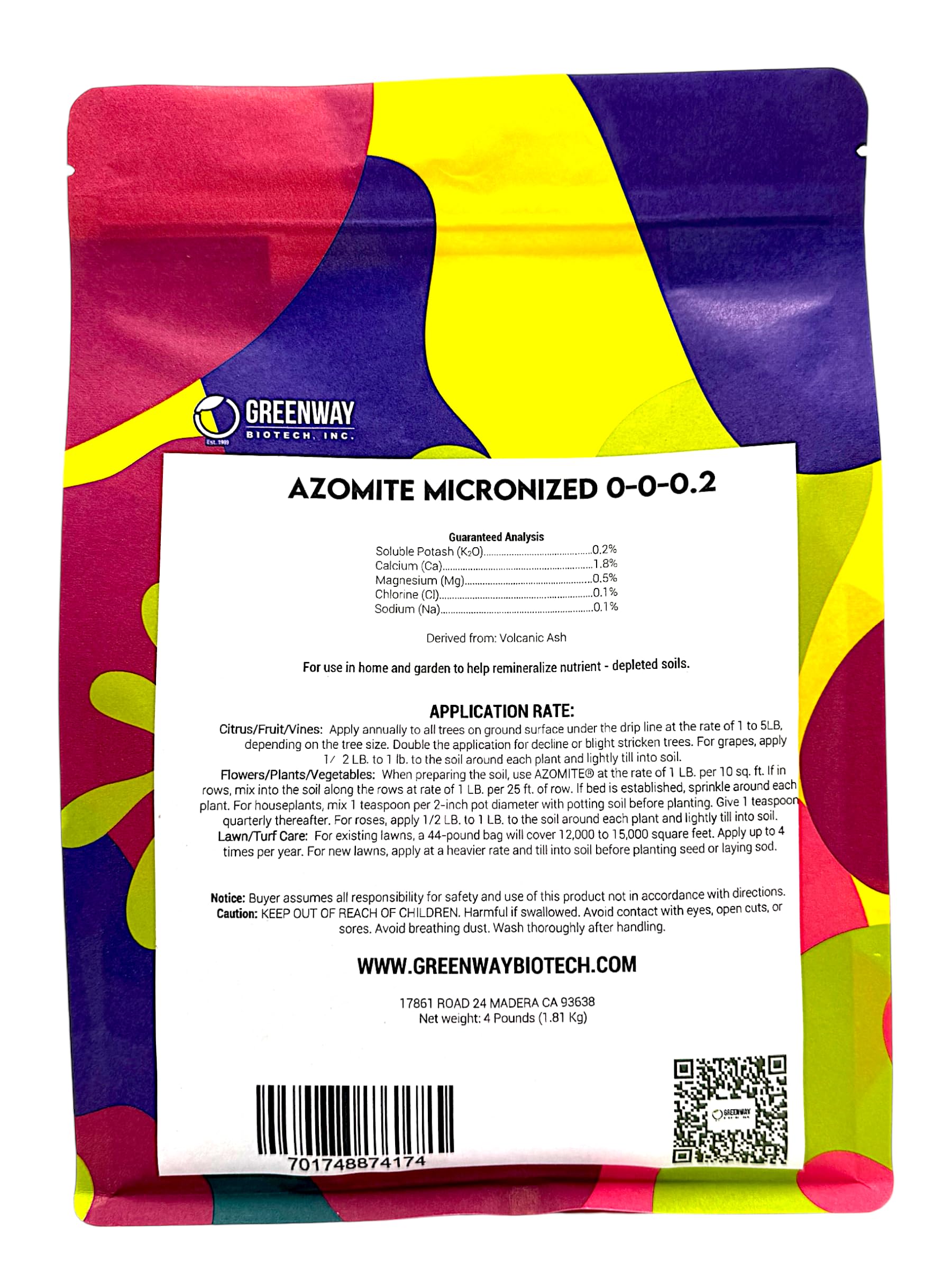 Greenway Biotech Azomite micronized powder highlights trace minerals for crop vigor.