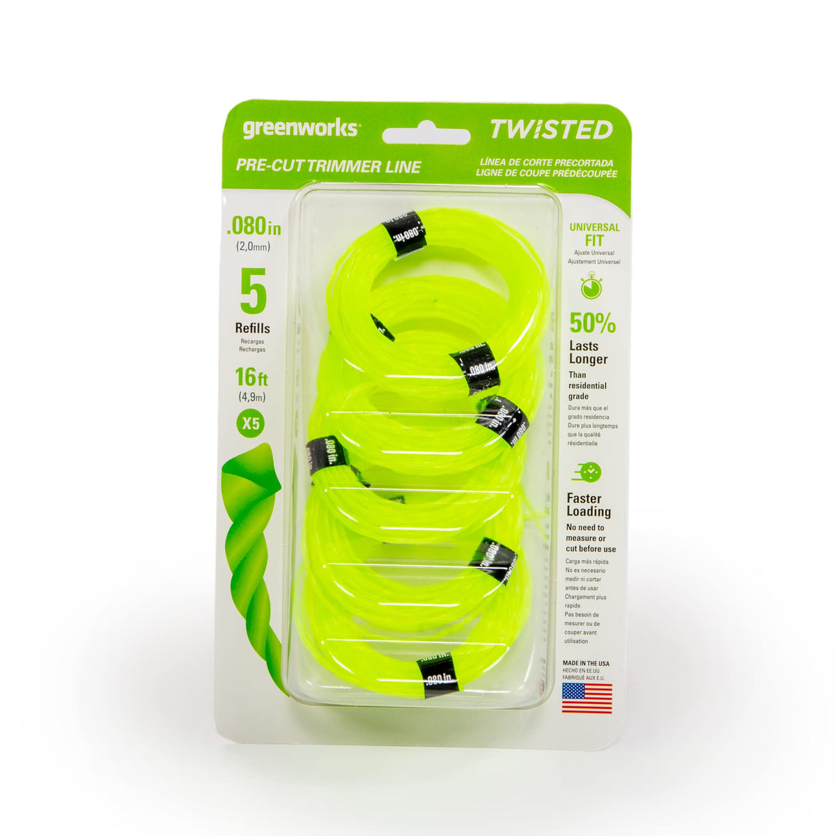 Greenworks 0.080-inch pre-cut twisted line for quick loading and durability.