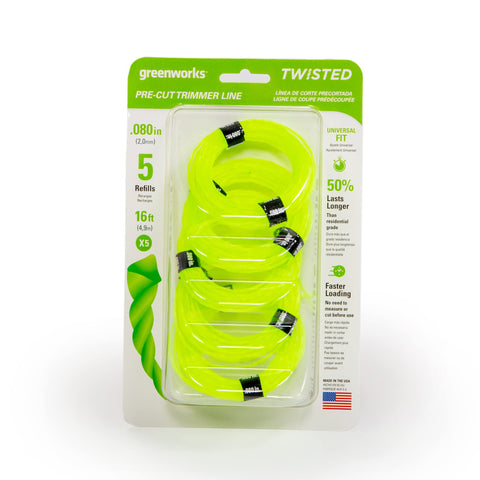 Greenworks 0.080-inch pre-cut twisted line for quick loading and durability.