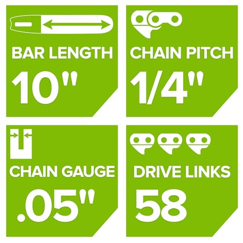 Greenworks 10-inch replacement chain 2937002, detailed specs include 1/4" LP pitch and 0.050" gauge.