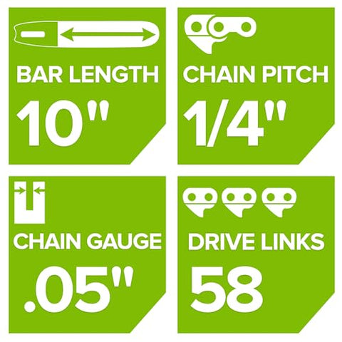 Greenworks 10-inch replacement chain 2937002, detailed specs include 1/4" LP pitch and 0.050" gauge.