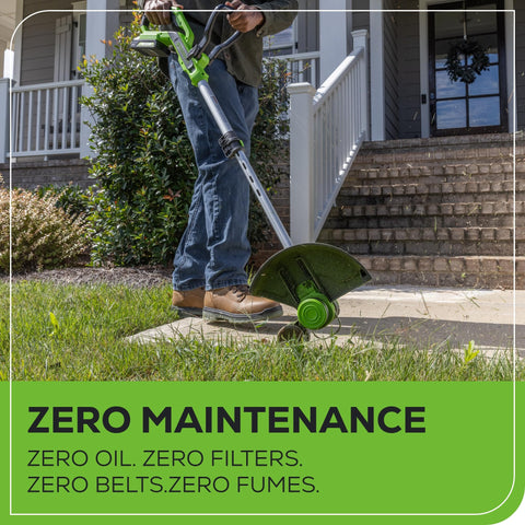Greenworks 12 inch width trims along fences and beds efficiently.