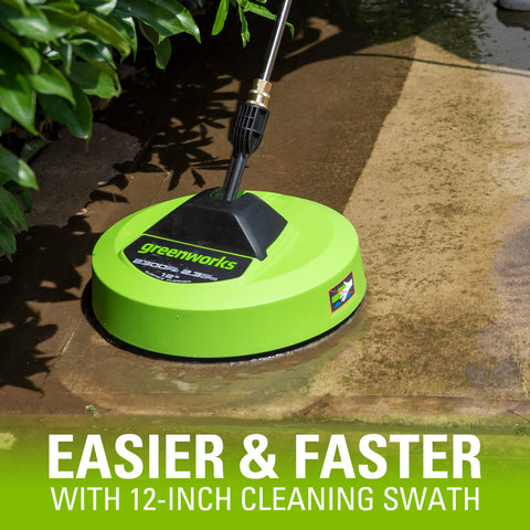 Greenworks 12inch surface cleaner demonstrates wide cleaning width for patios