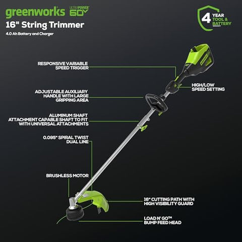 Greenworks 60V trimmer with a 16-inch cutting path covers more ground quickly.